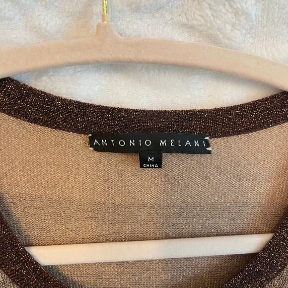 Antonio Melani brown gold striped sweater shimmery weave preowned excellent sz M - Picture 3 of 4